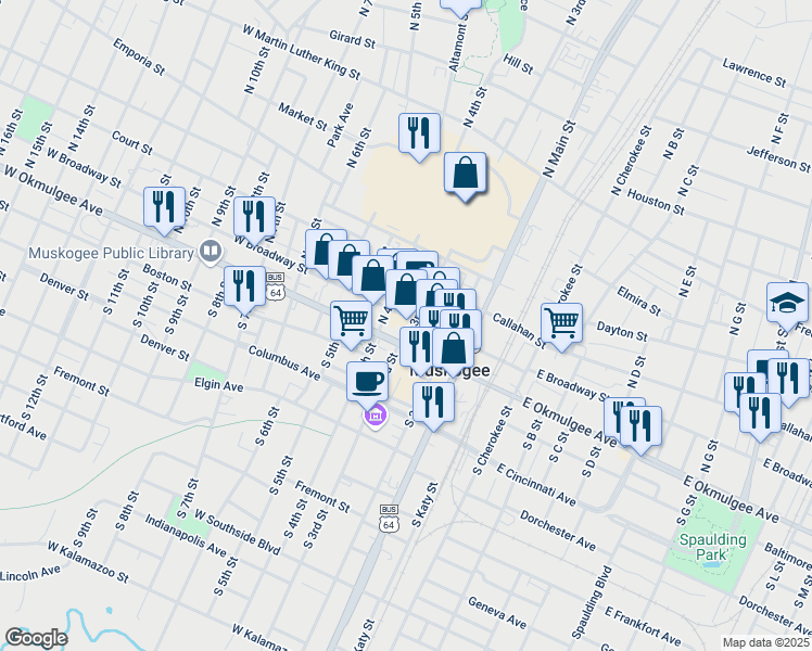 map of restaurants, bars, coffee shops, grocery stores, and more near 323 West Broadway Street in Muskogee