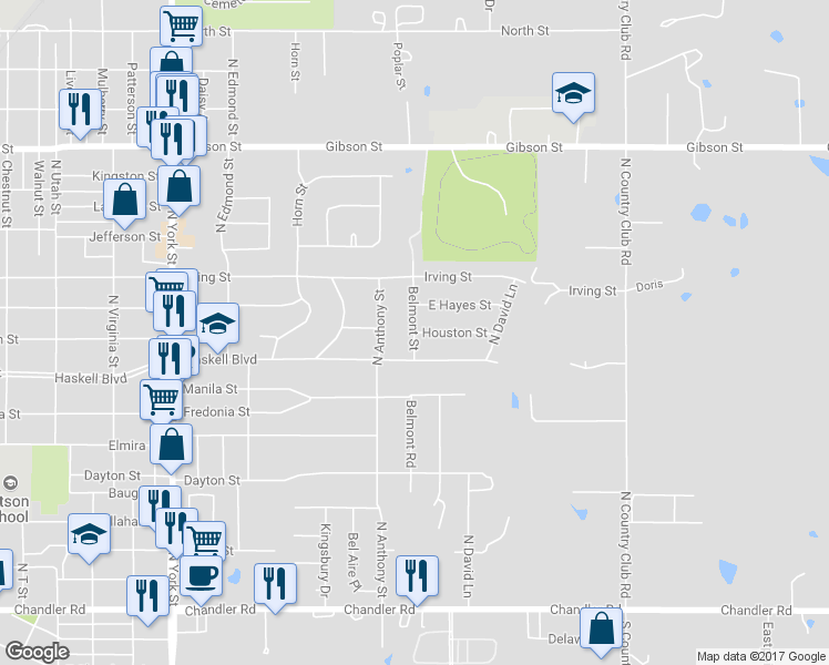 map of restaurants, bars, coffee shops, grocery stores, and more near 2800 Houston Street in Muskogee