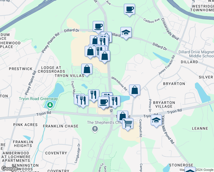 map of restaurants, bars, coffee shops, grocery stores, and more near 4009 Yellowfield Way in Cary