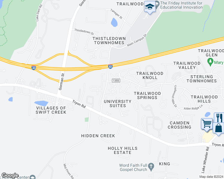 map of restaurants, bars, coffee shops, grocery stores, and more near 1251 University in Raleigh