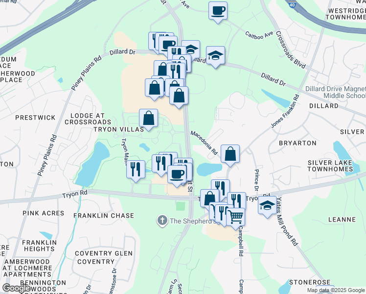 map of restaurants, bars, coffee shops, grocery stores, and more near 4009 Yellowfield Way in Cary