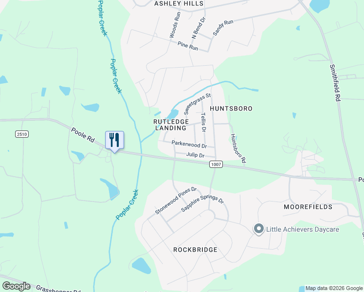 map of restaurants, bars, coffee shops, grocery stores, and more near 5113 Parkerwood Drive in Knightdale