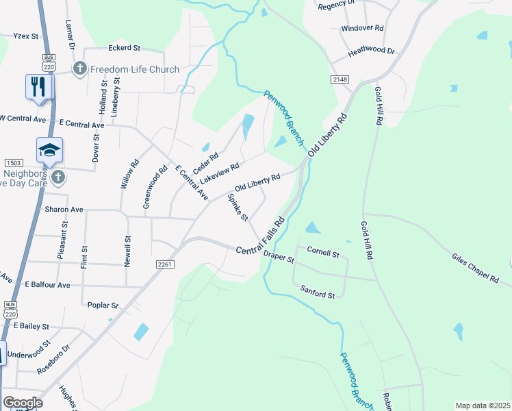 map of restaurants, bars, coffee shops, grocery stores, and more near 1913 Levance Street in Asheboro