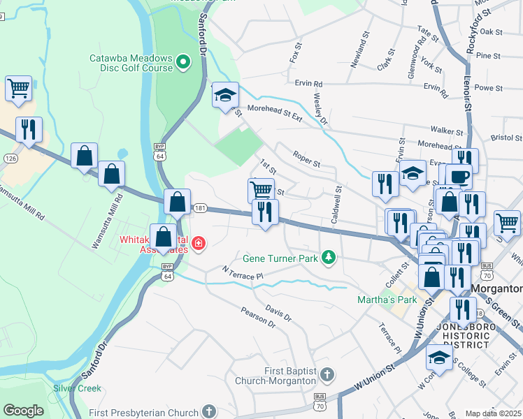 map of restaurants, bars, coffee shops, grocery stores, and more near 586 North Green Street in Morganton