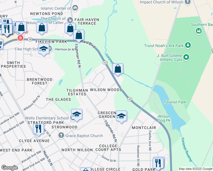 map of restaurants, bars, coffee shops, grocery stores, and more near 1705 Dartmore Drive North in Wilson