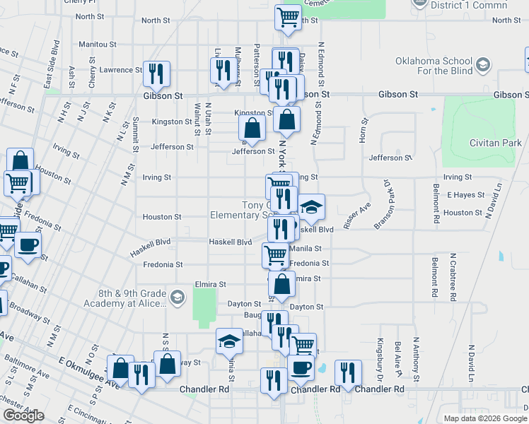 map of restaurants, bars, coffee shops, grocery stores, and more near 1824 Houston Street in Muskogee