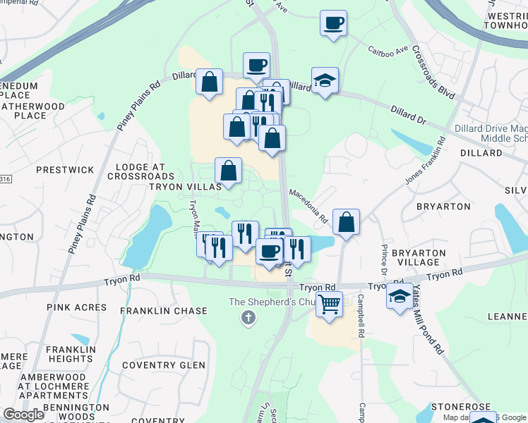 map of restaurants, bars, coffee shops, grocery stores, and more near 8738 Macedonia Lake Drive in Cary