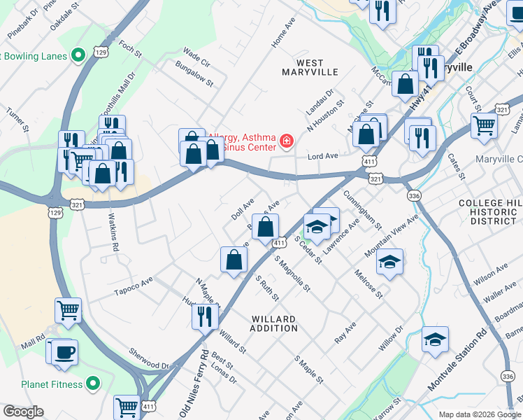 map of restaurants, bars, coffee shops, grocery stores, and more near 907 Broyles Avenue in Maryville