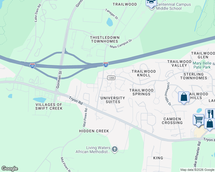map of restaurants, bars, coffee shops, grocery stores, and more near 2020 University Woods Road in Raleigh