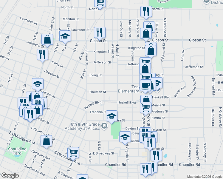map of restaurants, bars, coffee shops, grocery stores, and more near 1612 Houston Street in Muskogee