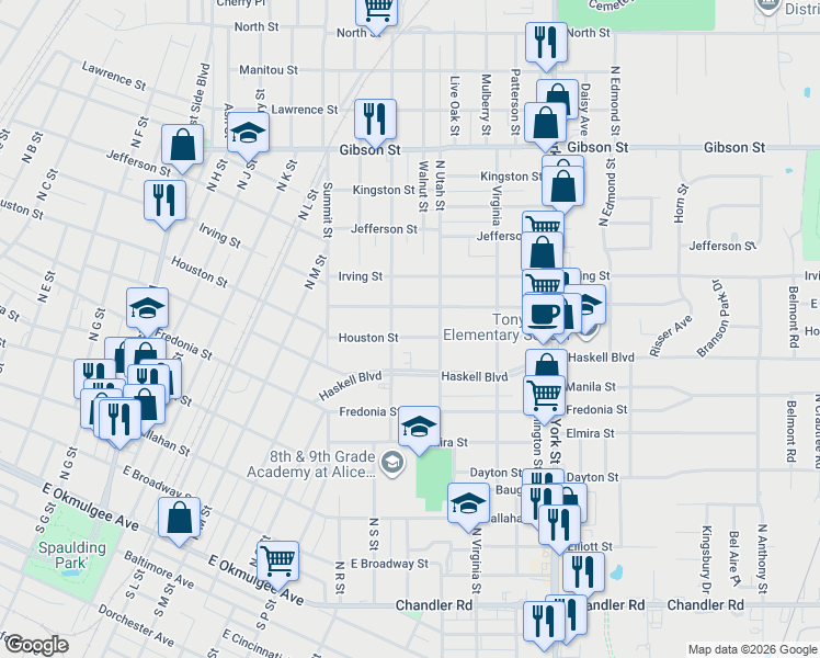 map of restaurants, bars, coffee shops, grocery stores, and more near 1612 Houston Street in Muskogee