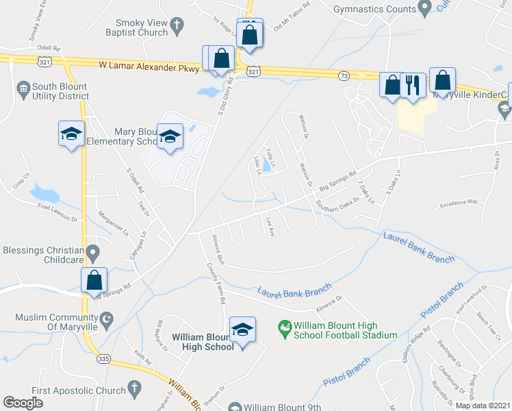 map of restaurants, bars, coffee shops, grocery stores, and more near 213 Mimosa Circle in Maryville