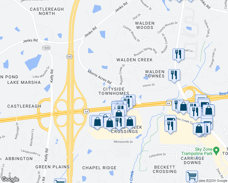 map of restaurants, bars, coffee shops, grocery stores, and more near 869 Queen City Crescent in Apex