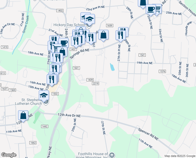 map of restaurants, bars, coffee shops, grocery stores, and more near 2611 17th Avenue Northeast in Hickory