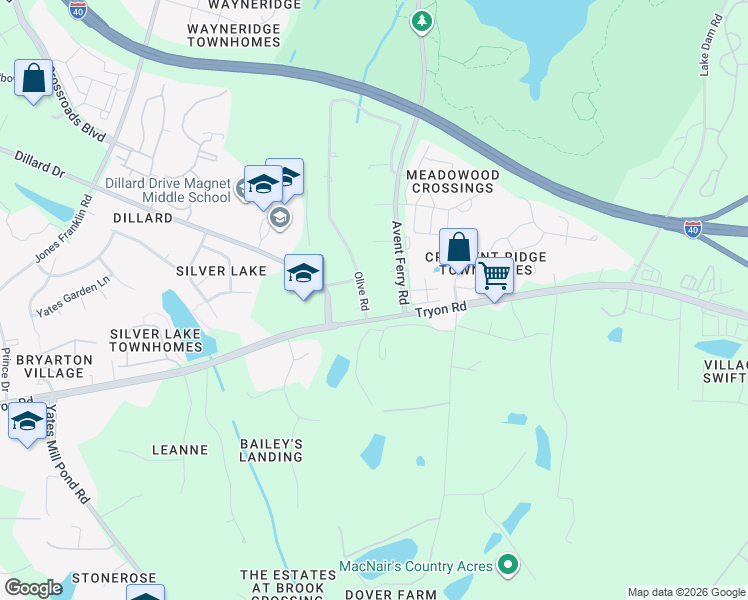 map of restaurants, bars, coffee shops, grocery stores, and more near 4704 Avenshire Circle in Raleigh