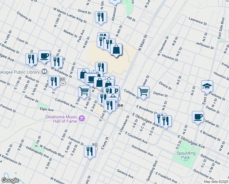 map of restaurants, bars, coffee shops, grocery stores, and more near 228 North 2nd Street in Muskogee