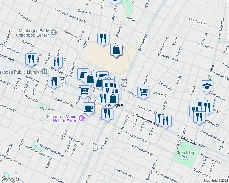 map of restaurants, bars, coffee shops, grocery stores, and more near 228 North 2nd Street in Muskogee