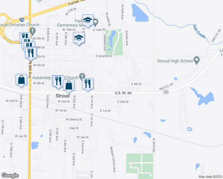 map of restaurants, bars, coffee shops, grocery stores, and more near 301 East Main Street in Stroud