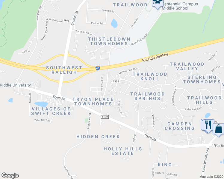map of restaurants, bars, coffee shops, grocery stores, and more near 2020 University Woods Road in Raleigh
