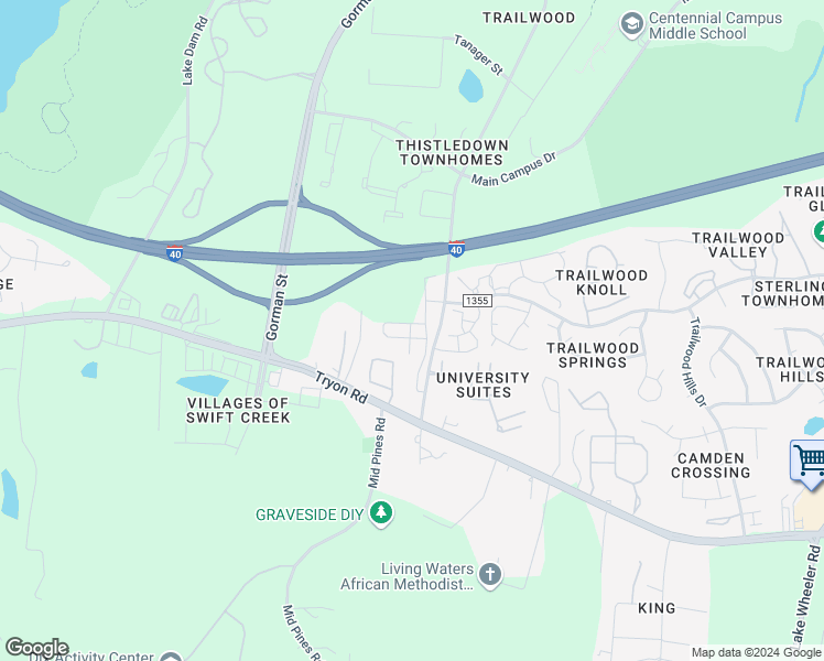 map of restaurants, bars, coffee shops, grocery stores, and more near 2011 Wolfmill Drive in Raleigh