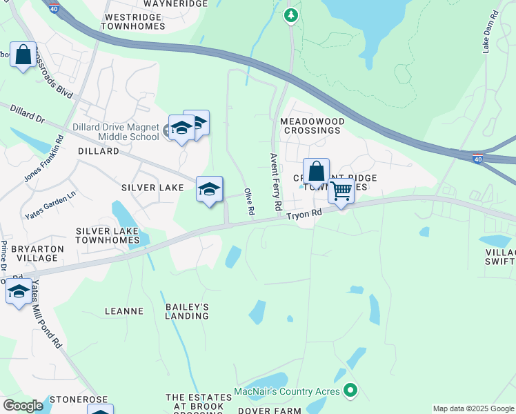 map of restaurants, bars, coffee shops, grocery stores, and more near 4704 Avenshire Circle in Raleigh