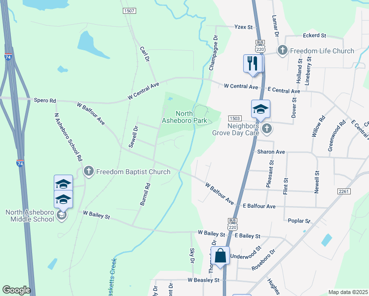 map of restaurants, bars, coffee shops, grocery stores, and more near 1818 Saddlewood Court in Asheboro