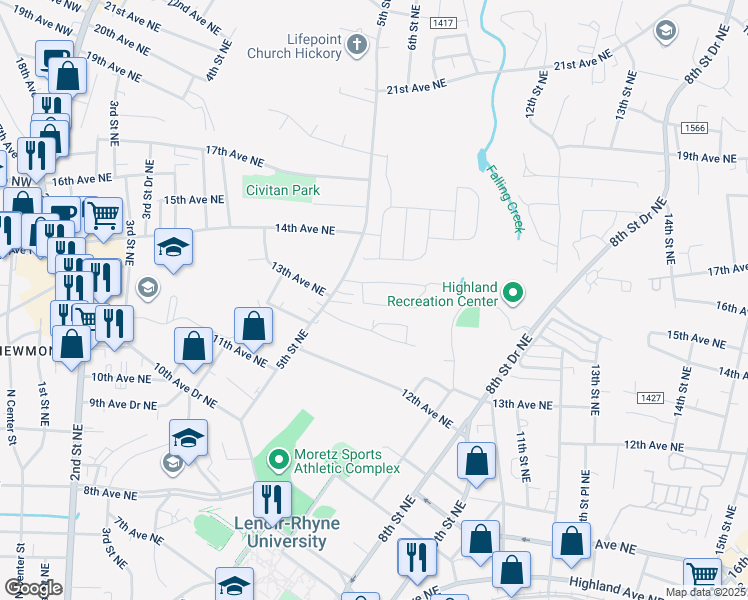 map of restaurants, bars, coffee shops, grocery stores, and more near 1330 5th Street Northeast in Hickory