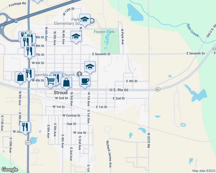 map of restaurants, bars, coffee shops, grocery stores, and more near 301 East Main Street in Stroud