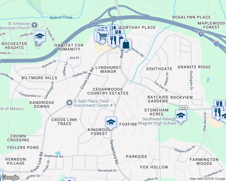 map of restaurants, bars, coffee shops, grocery stores, and more near 2201 Woodchuck Place in Raleigh