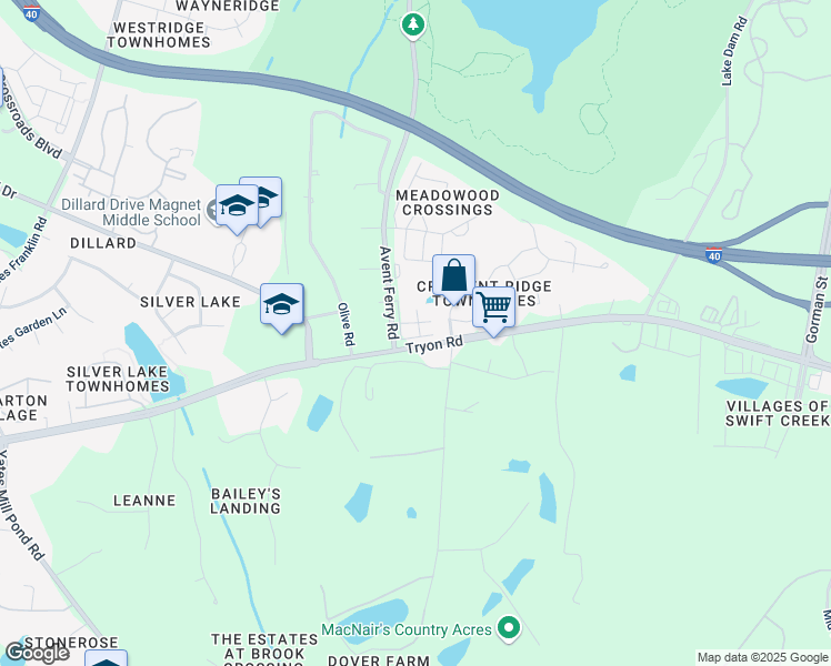 map of restaurants, bars, coffee shops, grocery stores, and more near 4620 Трион-роуд in Raleigh
