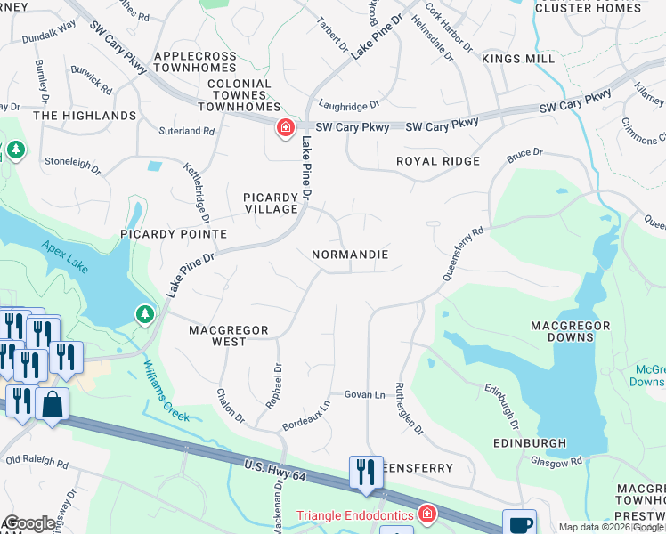 map of restaurants, bars, coffee shops, grocery stores, and more near 102 West Jules Verne Way in Cary