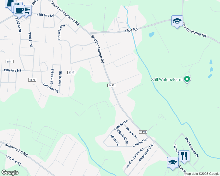 map of restaurants, bars, coffee shops, grocery stores, and more near 4263 Section House Road in Hickory