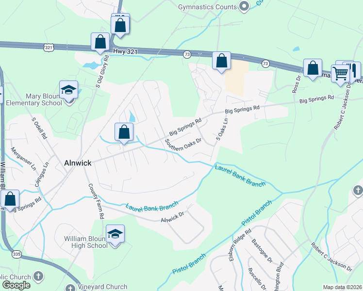 map of restaurants, bars, coffee shops, grocery stores, and more near 2028 Southern Oaks Drive in Maryville