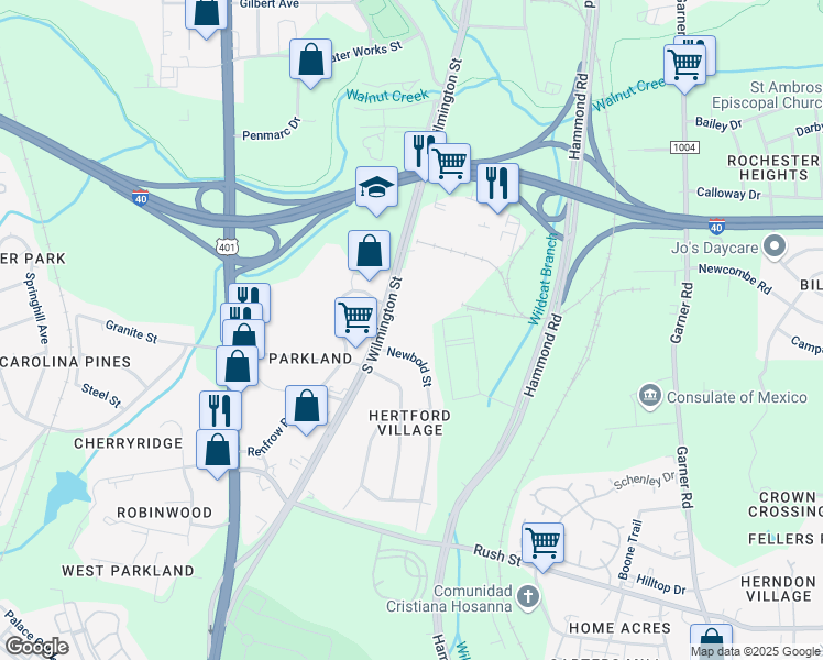 map of restaurants, bars, coffee shops, grocery stores, and more near 2415 South Wilmington Street in Raleigh