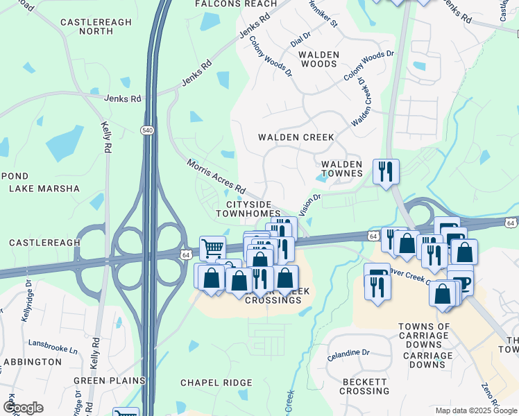 map of restaurants, bars, coffee shops, grocery stores, and more near 848 Queen City Crescent in Apex