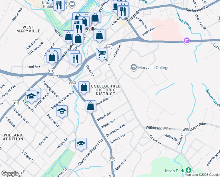 map of restaurants, bars, coffee shops, grocery stores, and more near 144 Stanley Avenue in Maryville