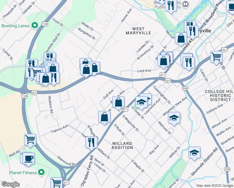 map of restaurants, bars, coffee shops, grocery stores, and more near 907 Broyles Avenue in Maryville