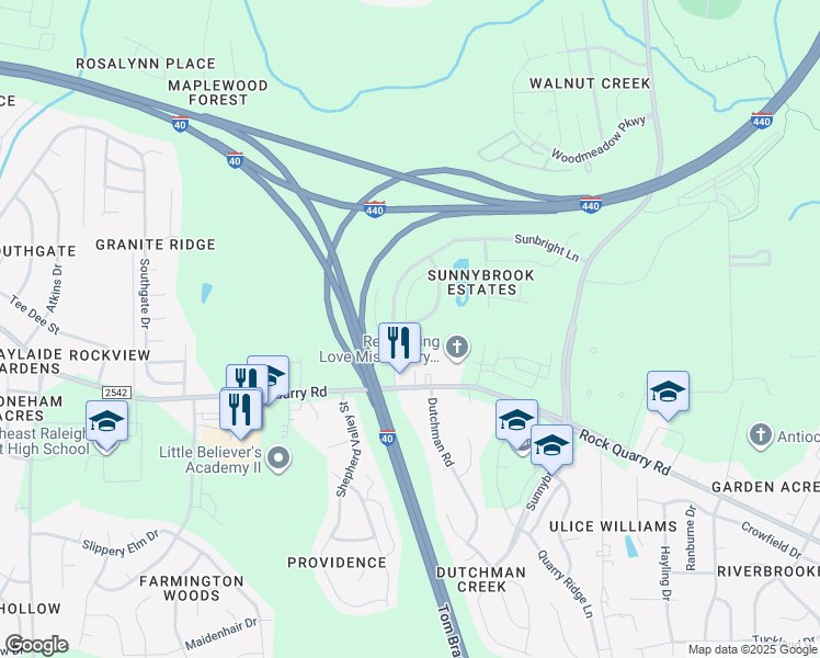 map of restaurants, bars, coffee shops, grocery stores, and more near 2239 Sunny Cove Drive in Raleigh