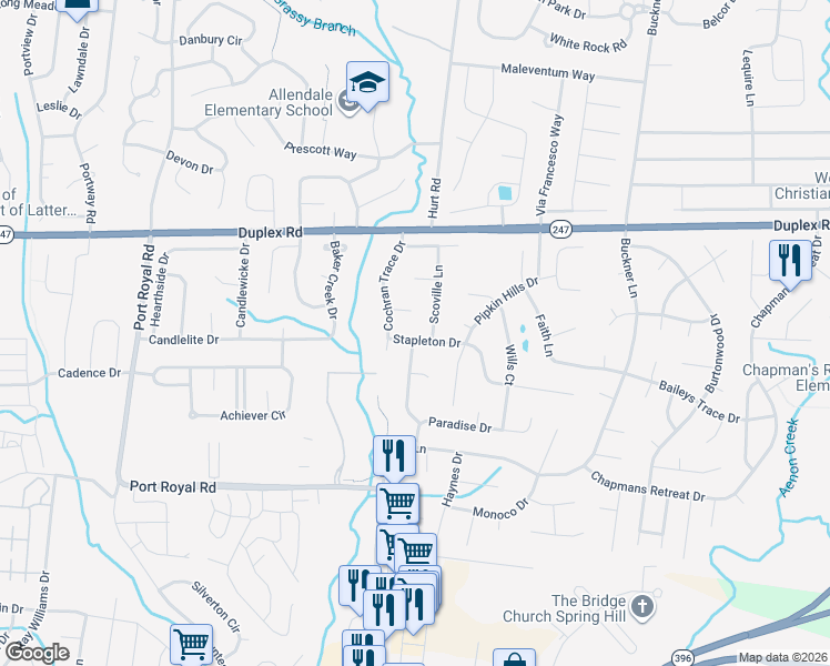 map of restaurants, bars, coffee shops, grocery stores, and more near 2914 Stapleton Drive in Spring Hill