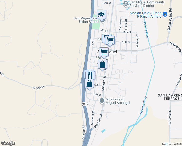 map of restaurants, bars, coffee shops, grocery stores, and more near 1116 K Street in San Miguel