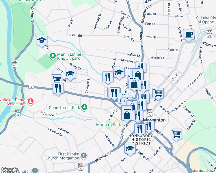 map of restaurants, bars, coffee shops, grocery stores, and more near 318 Bouchelle Street in Morganton