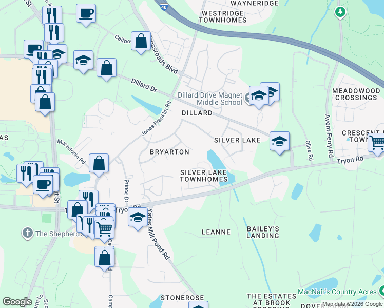 map of restaurants, bars, coffee shops, grocery stores, and more near 2420 Silver Lake Trail in Raleigh