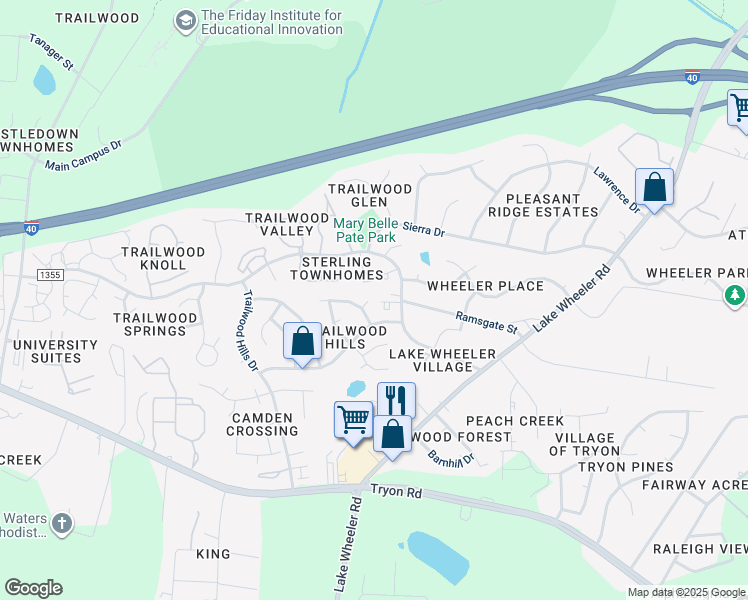 map of restaurants, bars, coffee shops, grocery stores, and more near 2605 Buck Spring Court in Raleigh