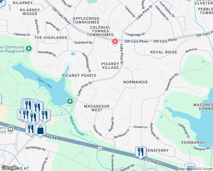 map of restaurants, bars, coffee shops, grocery stores, and more near 113 Tropez Lane in Cary