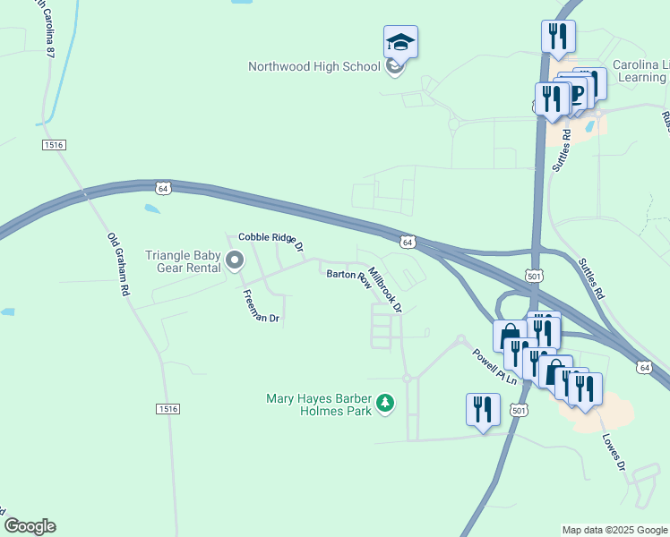 map of restaurants, bars, coffee shops, grocery stores, and more near 573 Millbrook Drive in Pittsboro