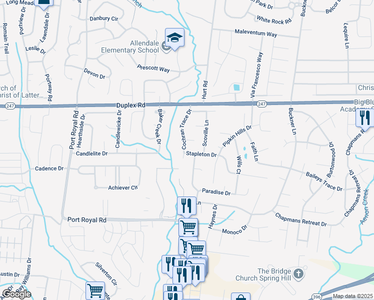 map of restaurants, bars, coffee shops, grocery stores, and more near 2902 Stapleton Drive in Spring Hill