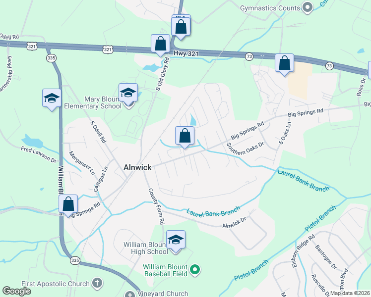 map of restaurants, bars, coffee shops, grocery stores, and more near 237 Mimosa Circle in Maryville
