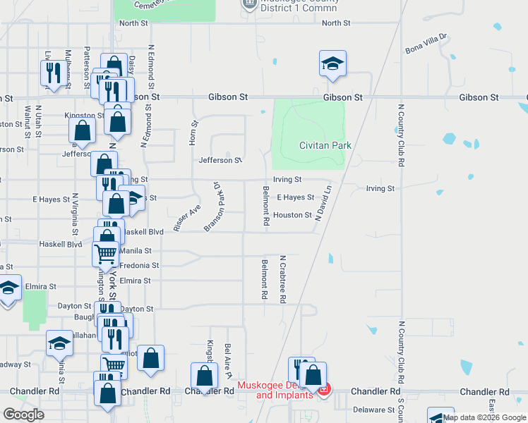 map of restaurants, bars, coffee shops, grocery stores, and more near 2800 Houston Street in Muskogee