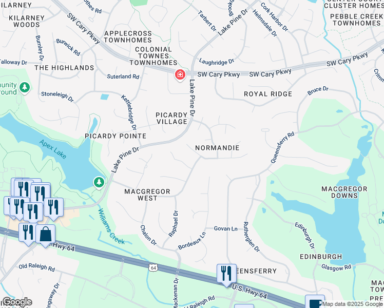 map of restaurants, bars, coffee shops, grocery stores, and more near 203 West Jules Verne Way in Cary