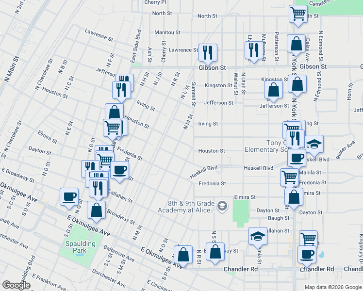map of restaurants, bars, coffee shops, grocery stores, and more near 712 North M Street in Muskogee